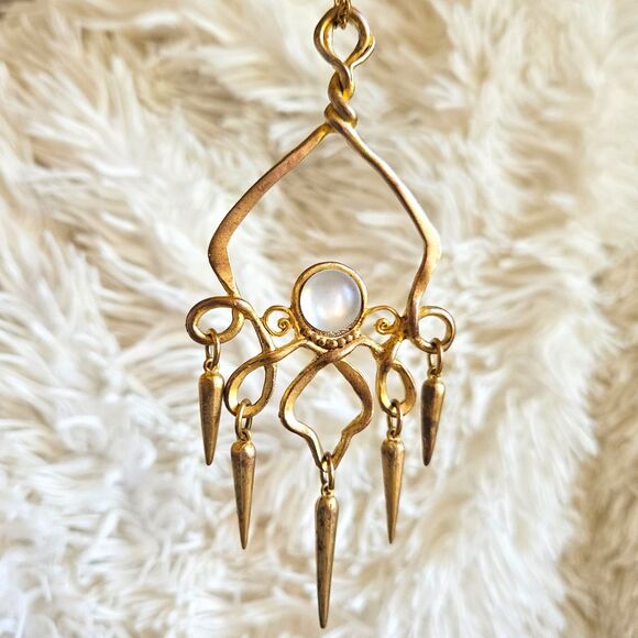 Fairycore Magic Moonstone Boho Art Nouveau Fringe Pendant Necklace Matte Gold - Picture 1 of 6
